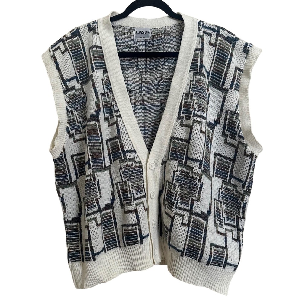 Vintage Lavané New York Geometric Sweater Vest V-Neck Button Front XL